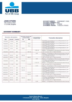 Bulgaria UBB bank proof of addres statement template in Word and PDF format