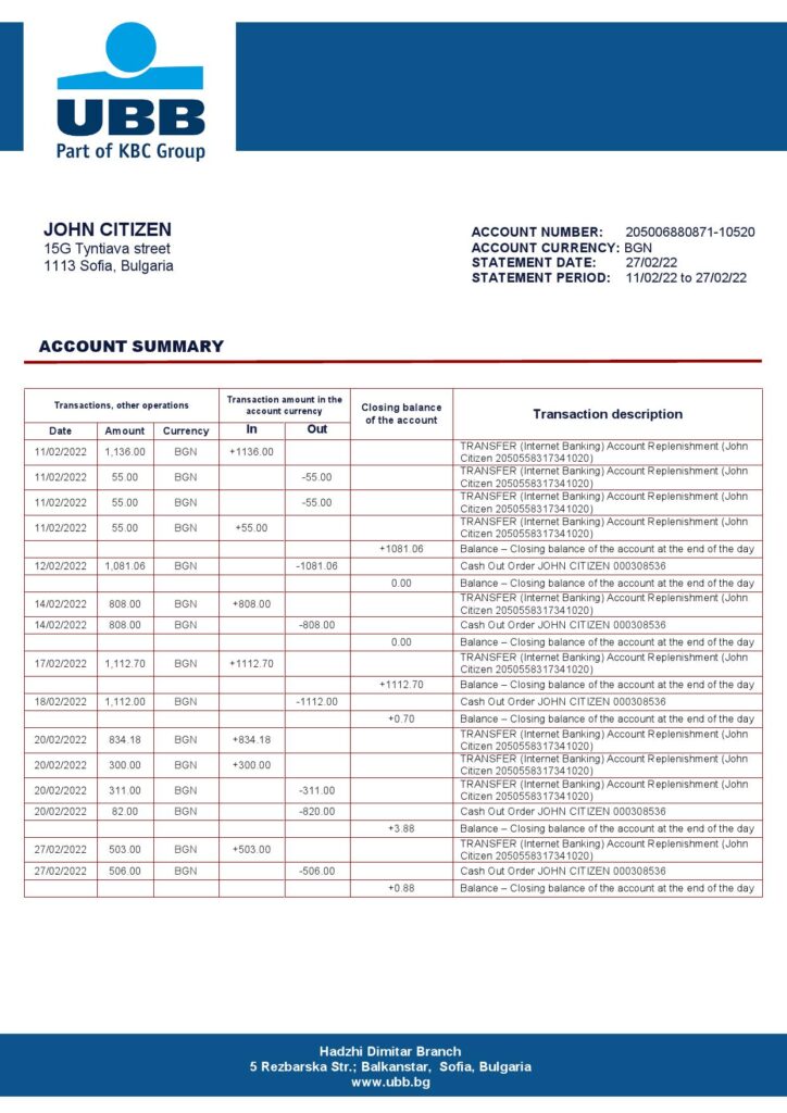 Bulgaria UBB bank proof of addres statement template in Word and PDF format