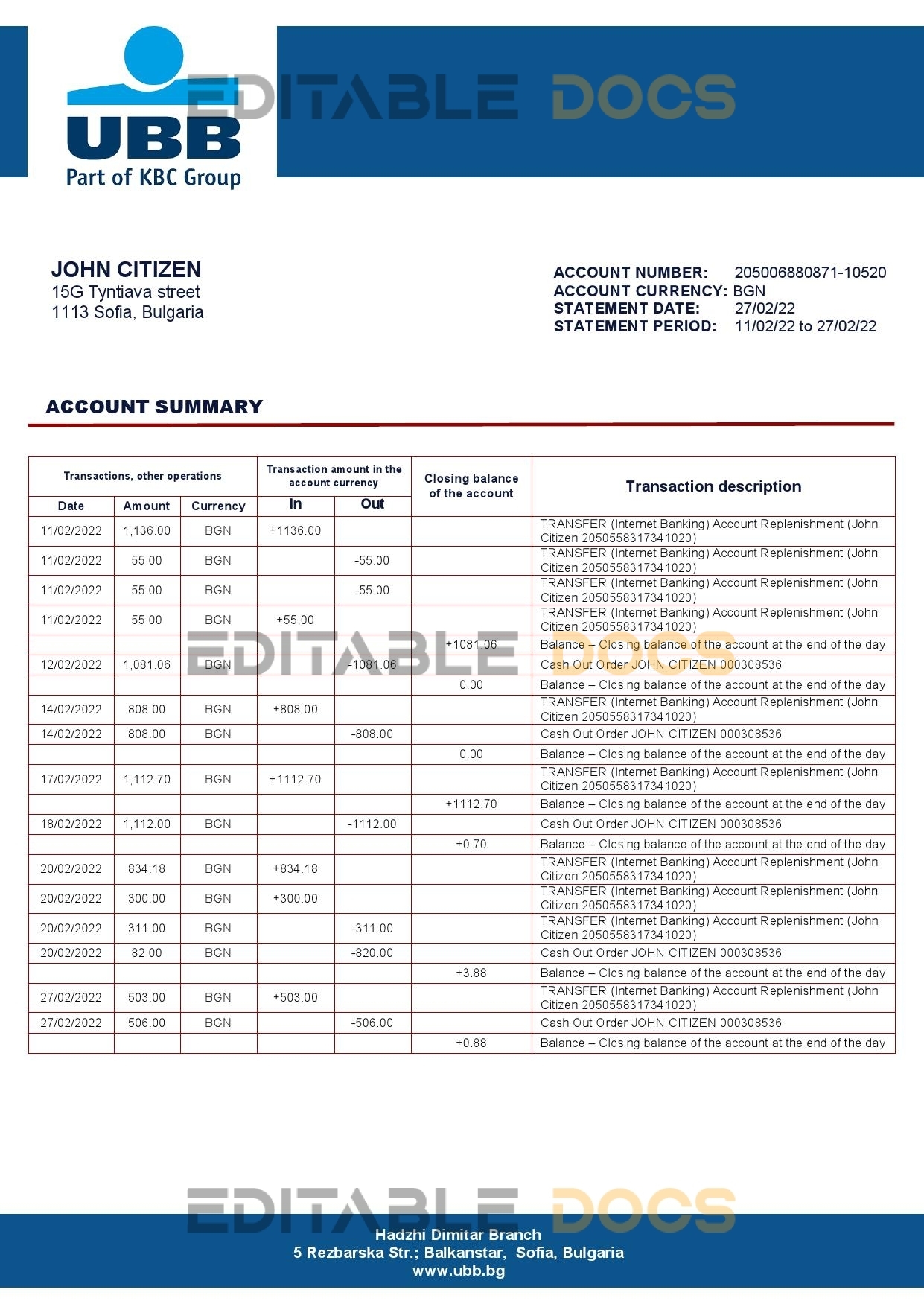 Bulgaria UBB bank proof of addres statement template in Word and PDF format