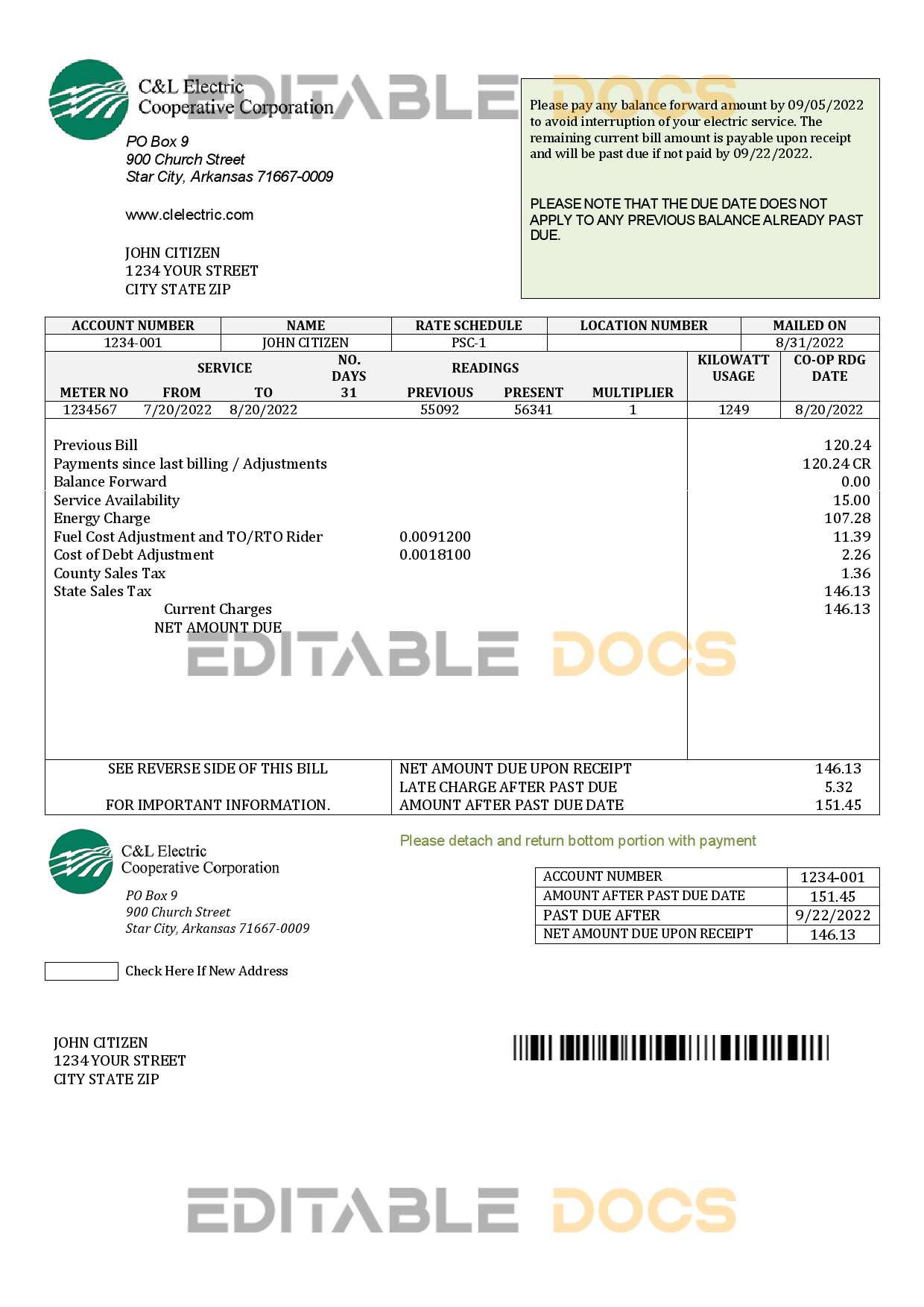 USA Arkansas C & L Electric Cooperative Corporation utility bill template in Word and PDF format