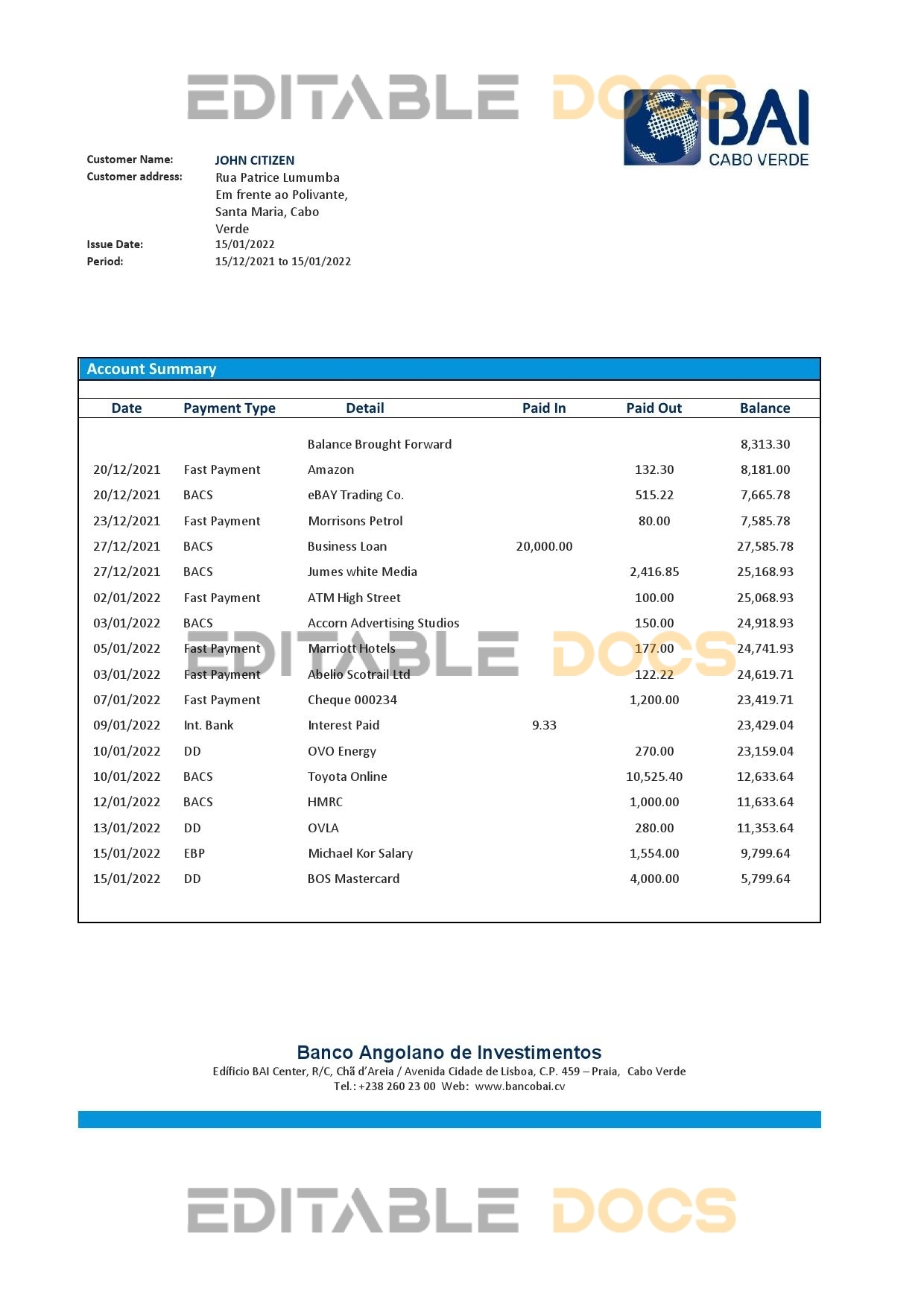 Cabo Verde Banco Africano de Investimento bank statement Word and PDF template