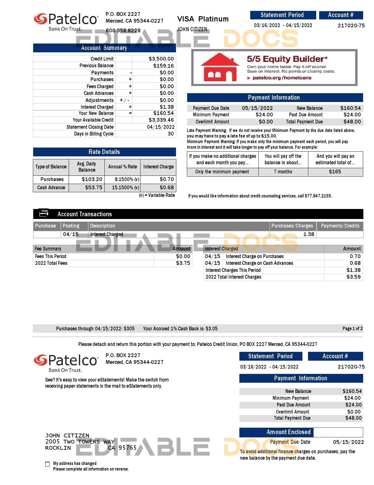 USA California Patelco bank card statement, Word and PDF template, 2 pages
