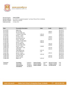 Cambodia Union Commercial bank statement Word and PDF template