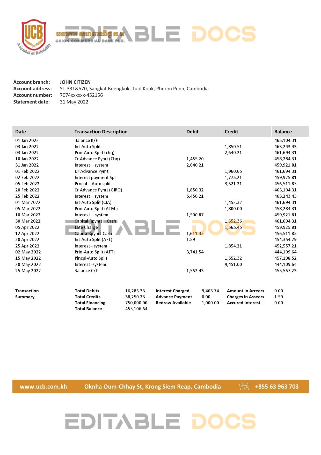 Cambodia Union Commercial bank statement Word and PDF template