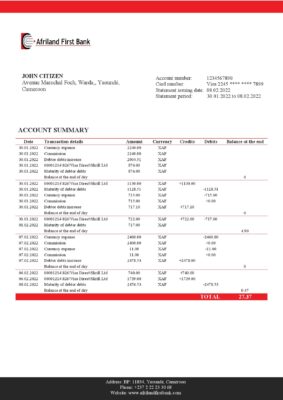 Cameroon Afriland First bank statement Word and PDF template