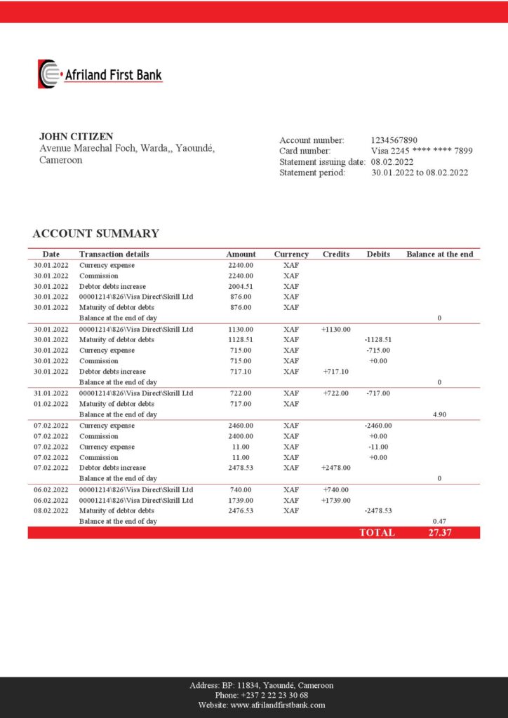 Cameroon Afriland First bank statement Word and PDF template