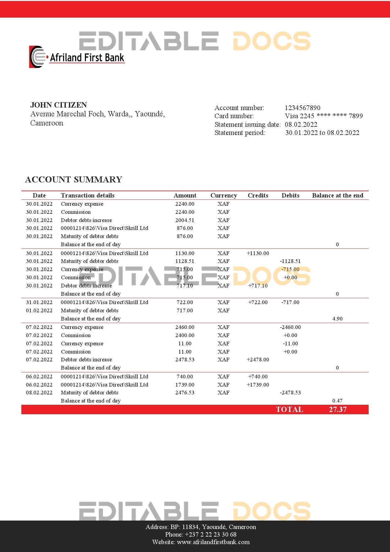Cameroon Afriland First bank statement Word and PDF template
