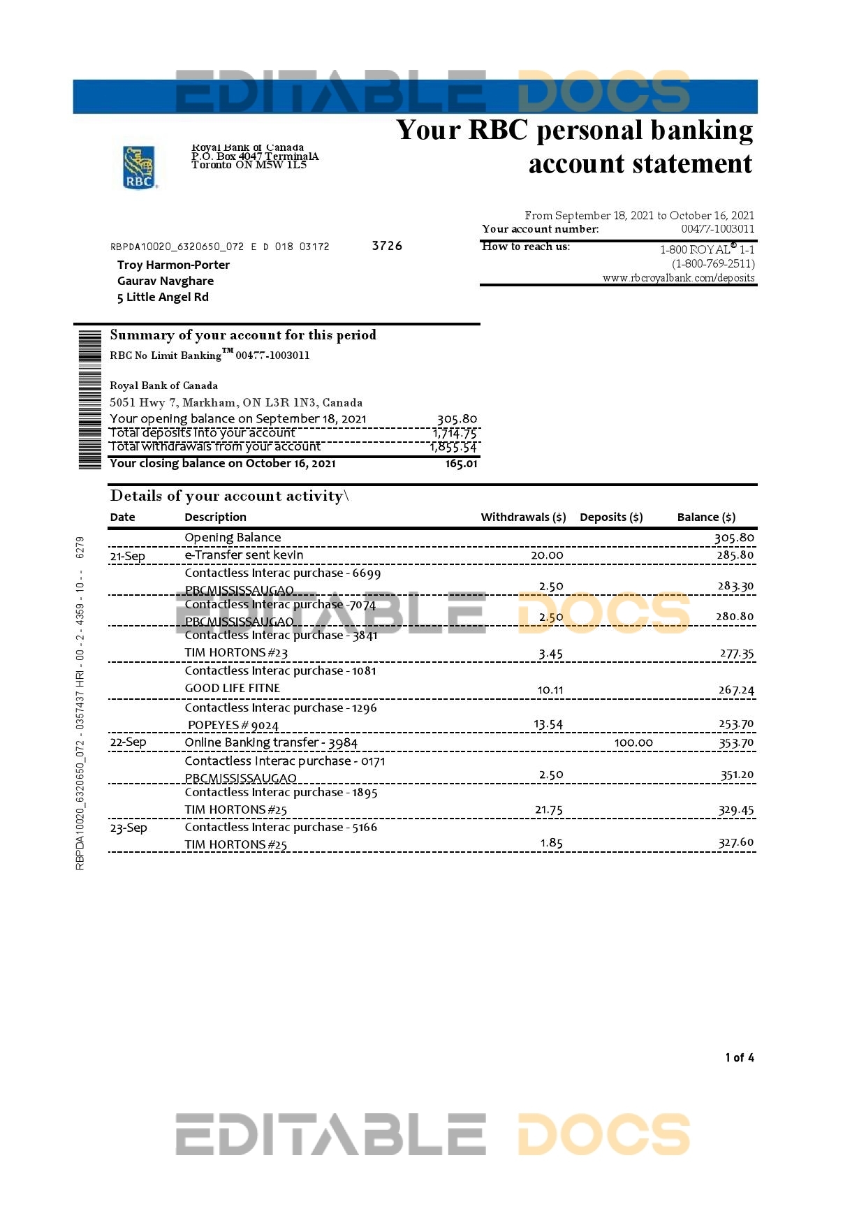 Canada Royal Bank of Canada (RBC) bank statement template in .xls and .pdf file format (4 pages) (AutoSum)