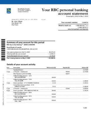 Canada Royal Bank of Canada (RBC) bank statement, Word and PDF template, 4 pages, version 2