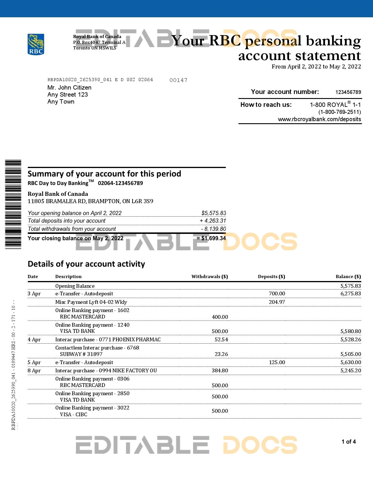 Canada Royal Bank of Canada (RBC) bank statement, Word and PDF template, 4 pages, version 2