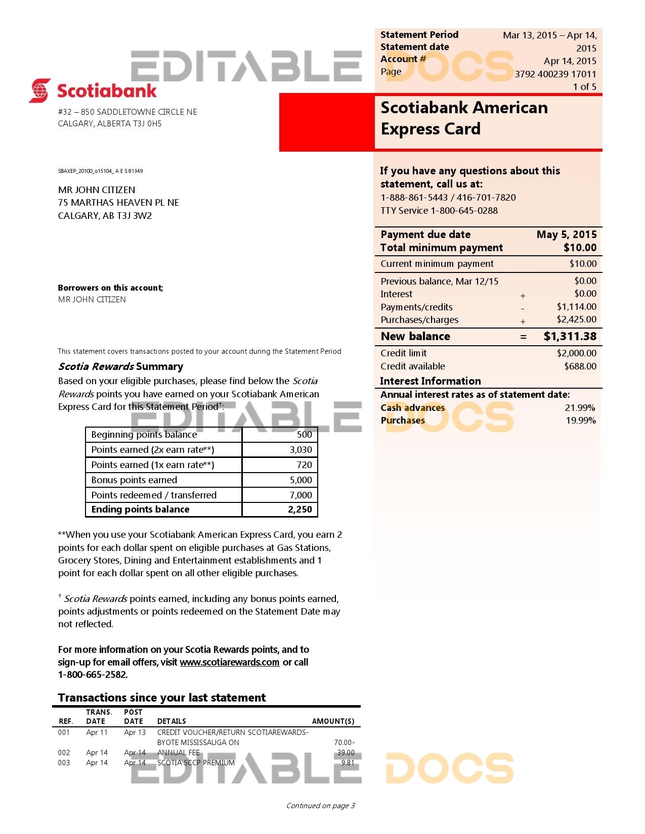 Canada Scotiabank proof of address statement template in Word and PDF format, (.doc and .pdf)