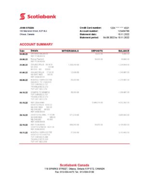 Canada Scotiabank bank statement Excel and PDF template, fully editable (AutoSum)