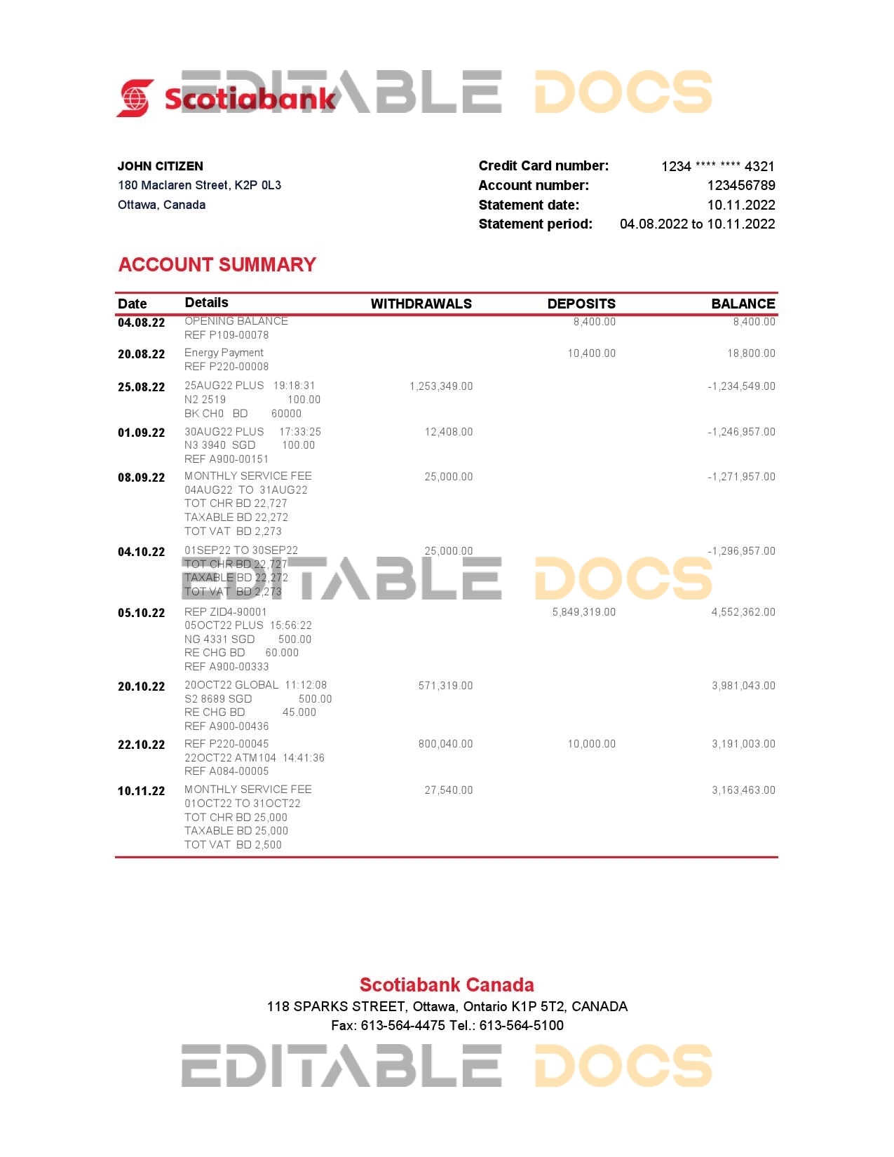 Canada Scotiabank bank statement Excel and PDF template, fully editable (AutoSum)