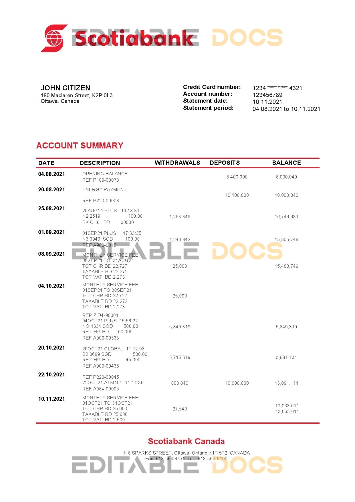 Canada Scotiabank bank statement template in Word and PDF format