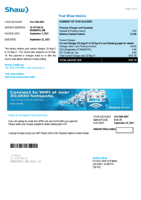 Canada Shaw utility bill template in Word and PDF format