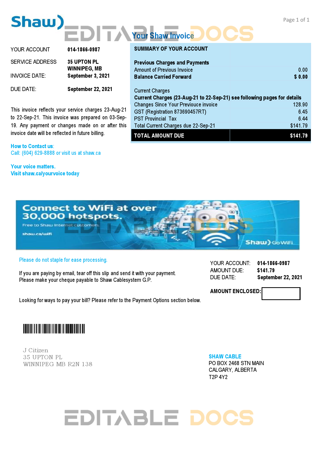Canada Shaw utility bill template in Word and PDF format