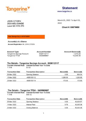 Canada Tangerine bank statement Word and PDF template, 2 pages