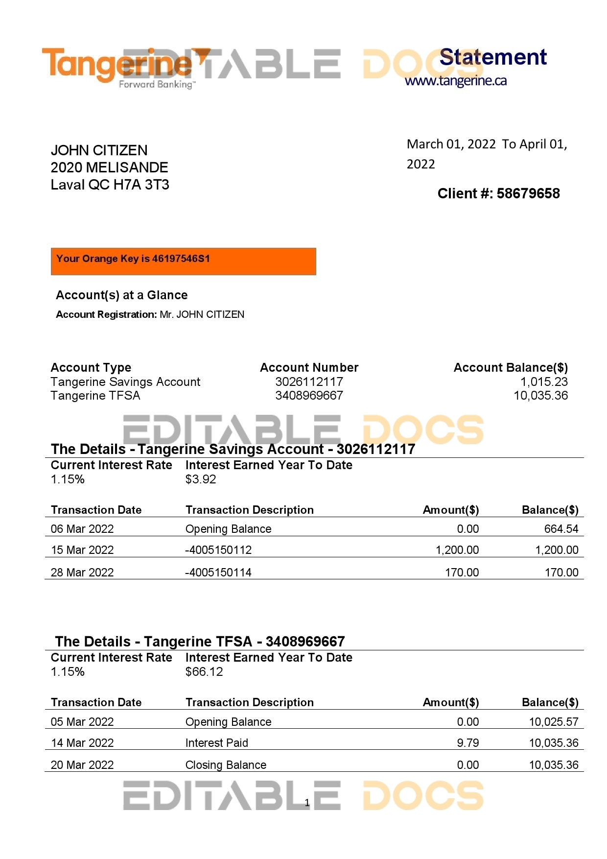 Canada Tangerine bank statement Word and PDF template, 2 pages