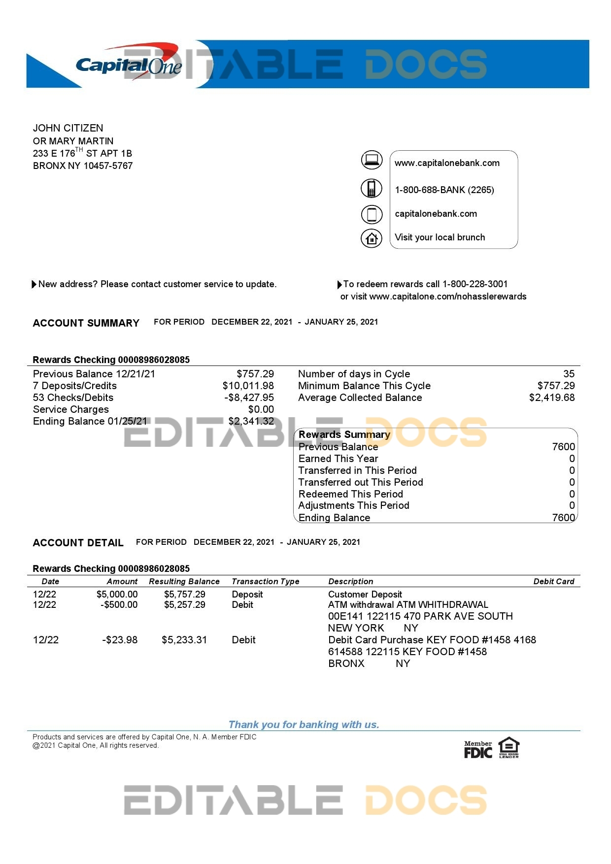 USA Capital One bank statement template in Word and PDF format, version 4