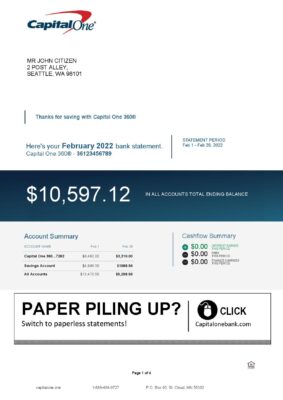 USA Capital One bank statement Word and PDF template, 4 pages