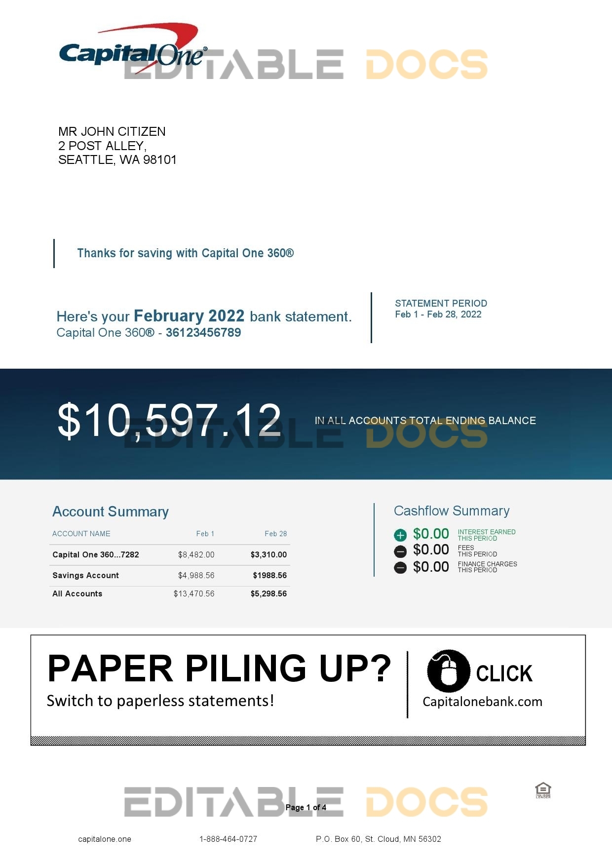 USA Capital One bank statement Word and PDF template, 4 pages