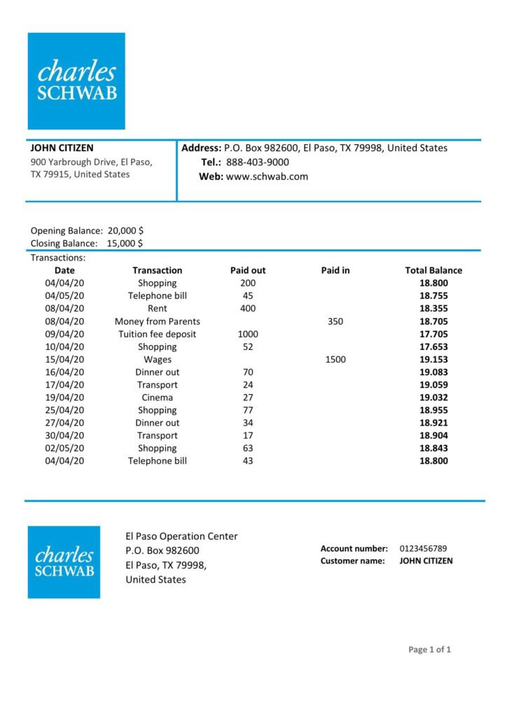 USA Charles Schwab & Co bank proof of address statement template in Word and PDF format