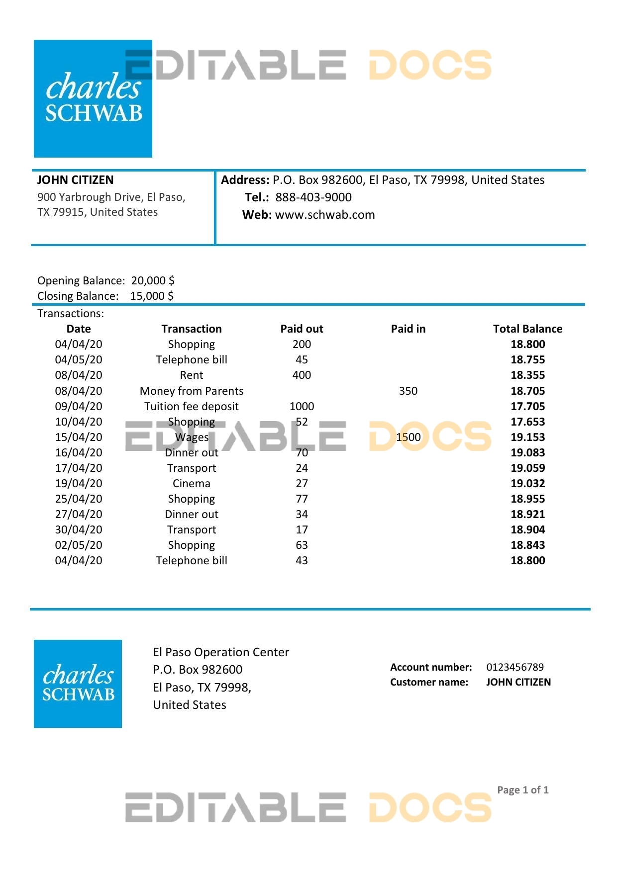 USA Charles Schwab & Co bank proof of address statement template in Word and PDF format