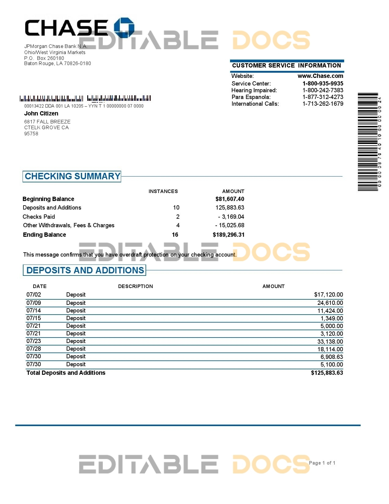 USA JP Morgan Chase bank proof of address statement template in Word and PDF format, .doc and .pdf format