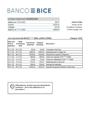 Chile Banco Bice bank statement Excel and PDF template (AutoSum)