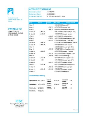China Industrial and Commercial Bank of China bank statement template in Excel and PDF format