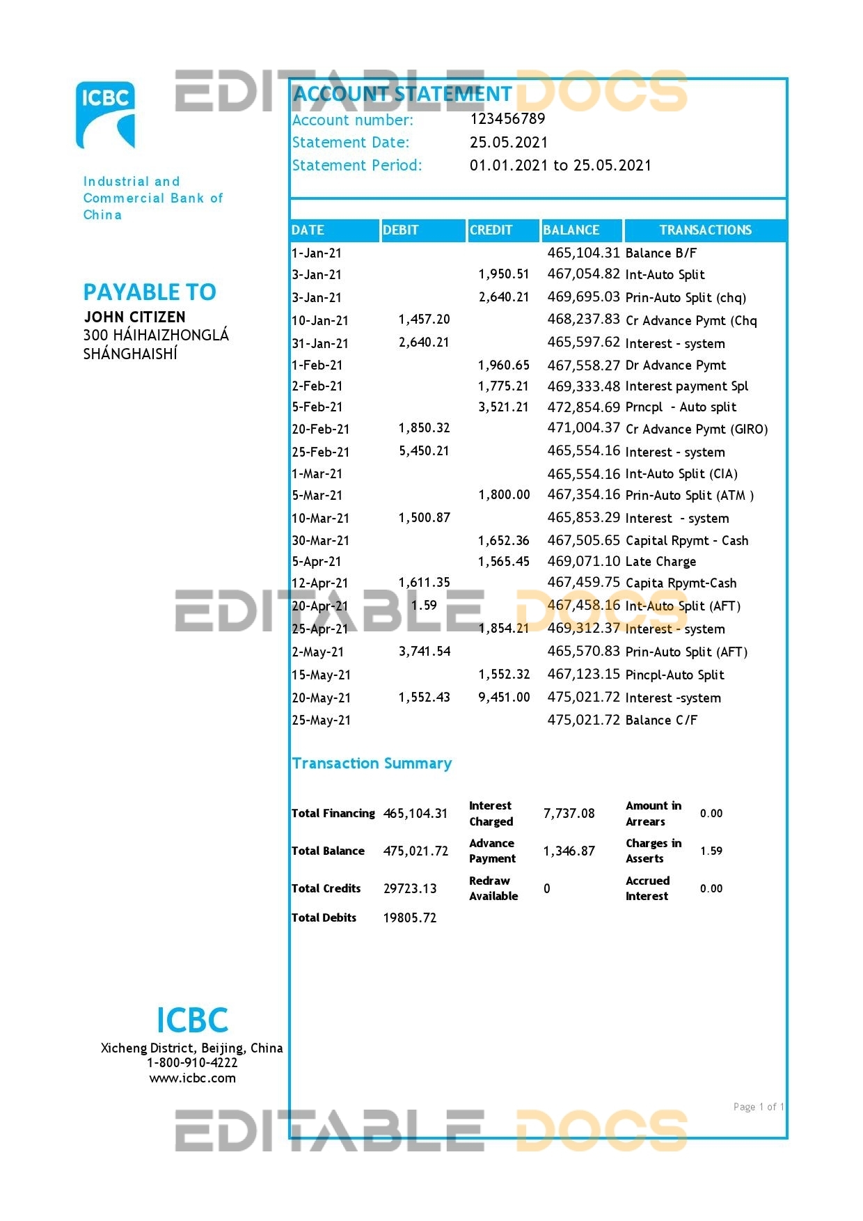 China Industrial and Commercial Bank of China bank statement template in Excel and PDF format