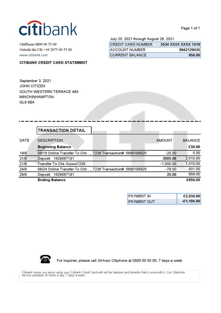 United Kingdom Citibank bank statement template in .xls and .pdf format