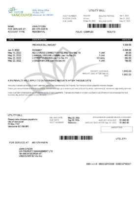 Canada British Columbia City of Vancouver utility bill template in Word and PDF format