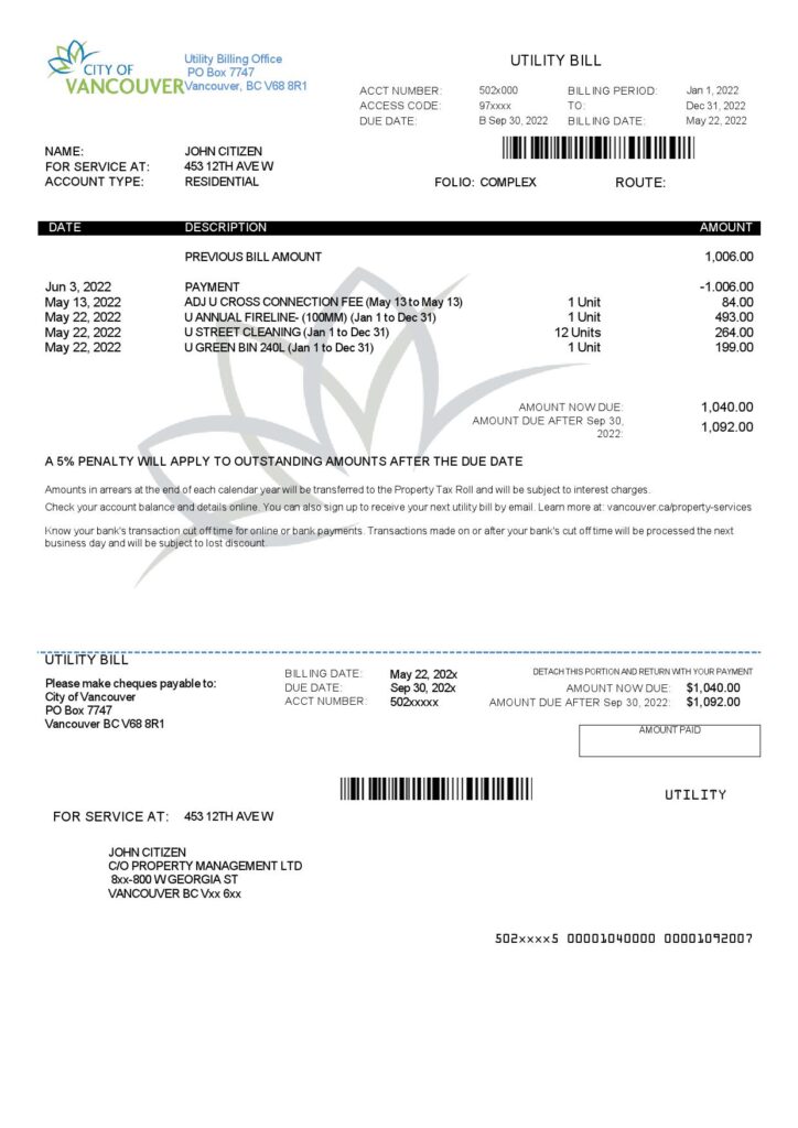 Canada British Columbia City of Vancouver utility bill template in Word and PDF format