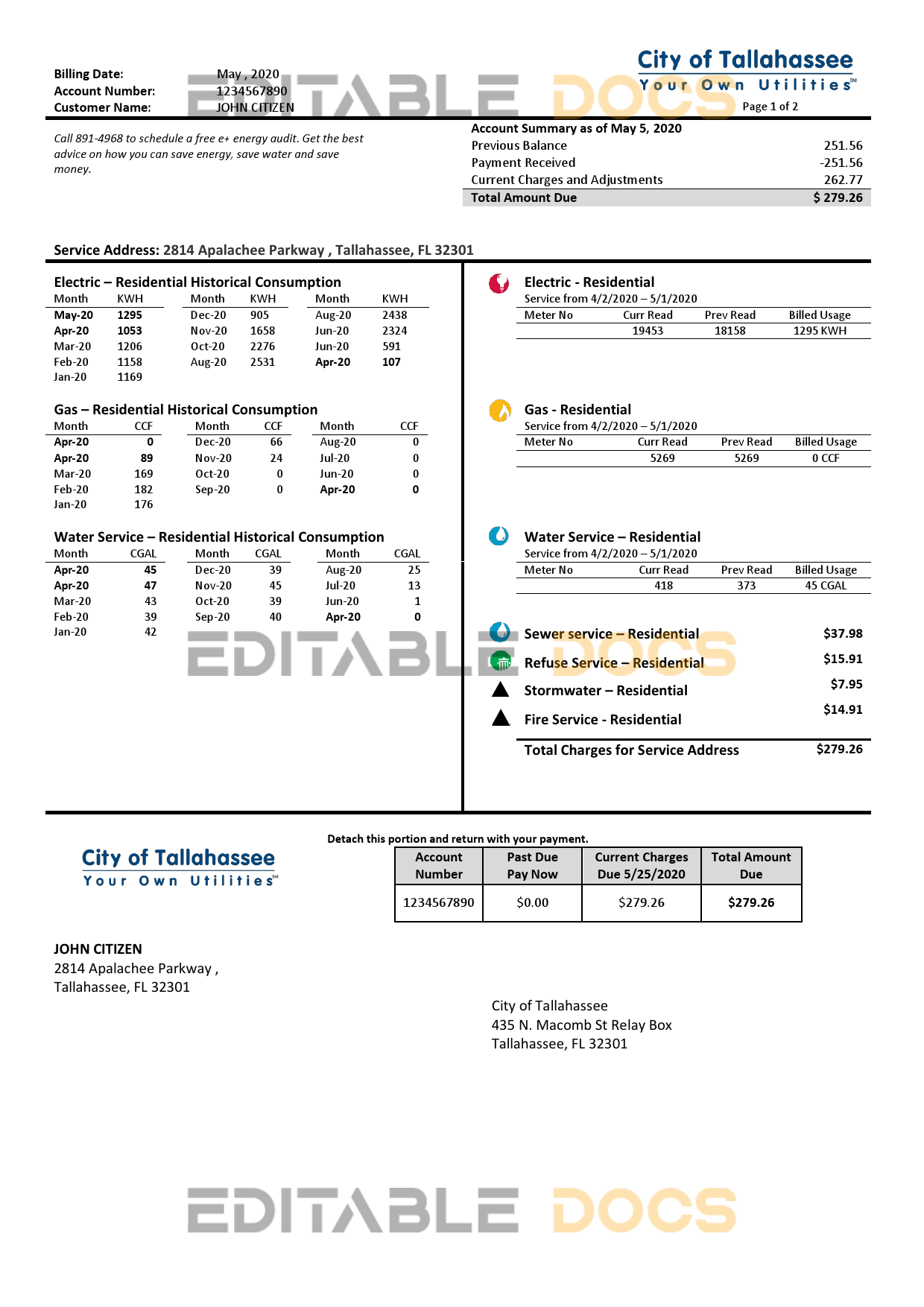 USA Florida City of Tallahassee Florida Your Own Utilities bill template in Word and PDF format
