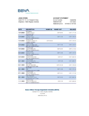 Colombia BBVA bank statement Excel and PDF template (AutoSum)