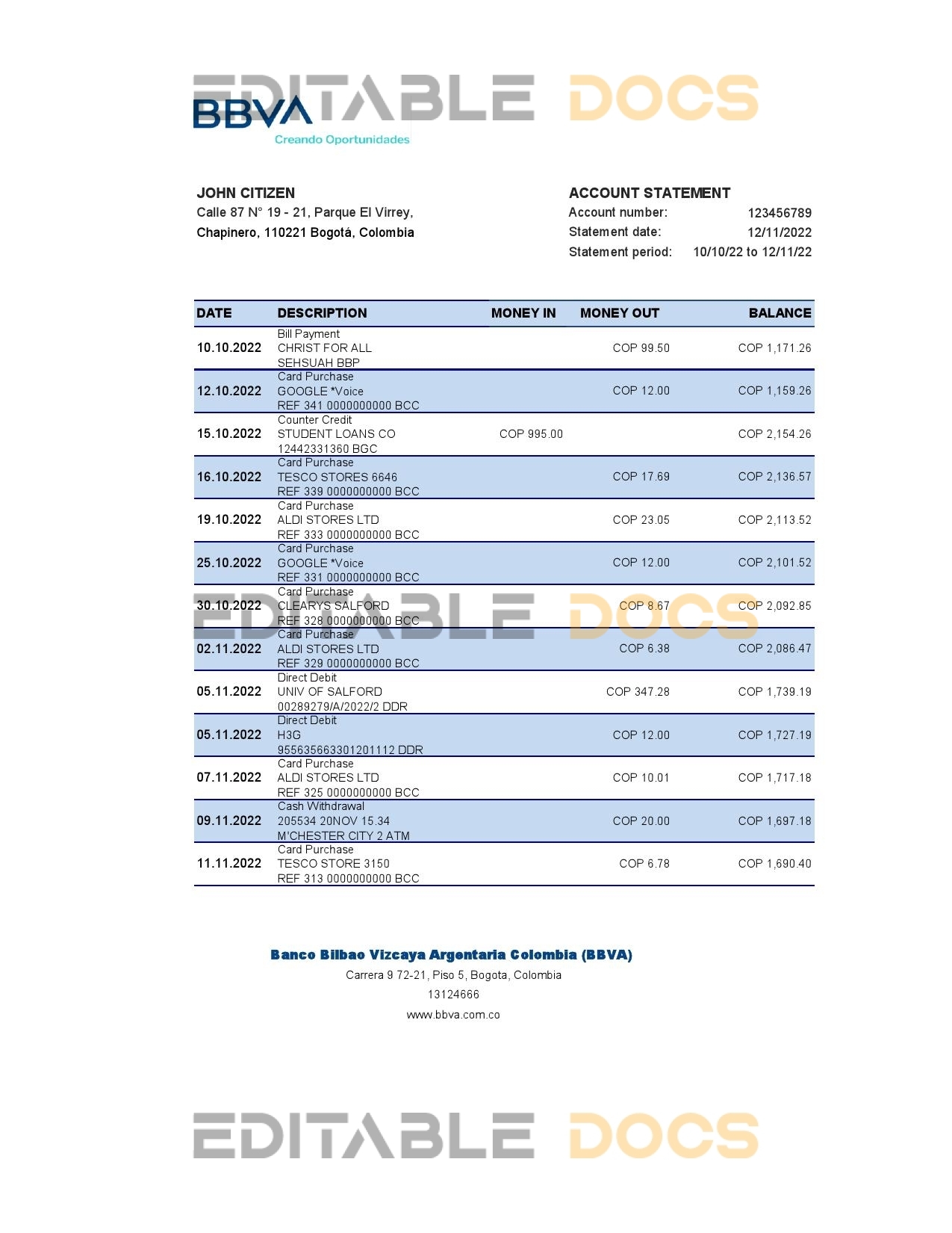 Colombia BBVA bank statement Excel and PDF template (AutoSum)