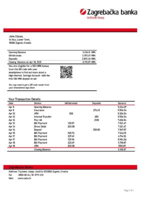 Croatia Zagrebačka bank statement template in Word and PDF format