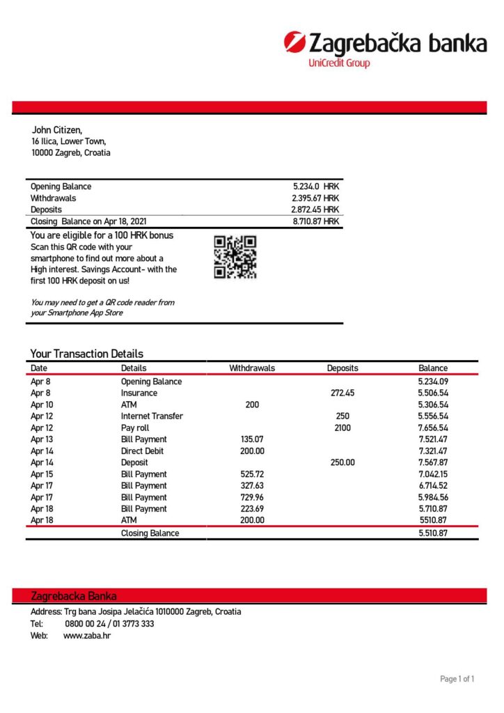 Croatia Zagrebačka bank statement template in Word and PDF format