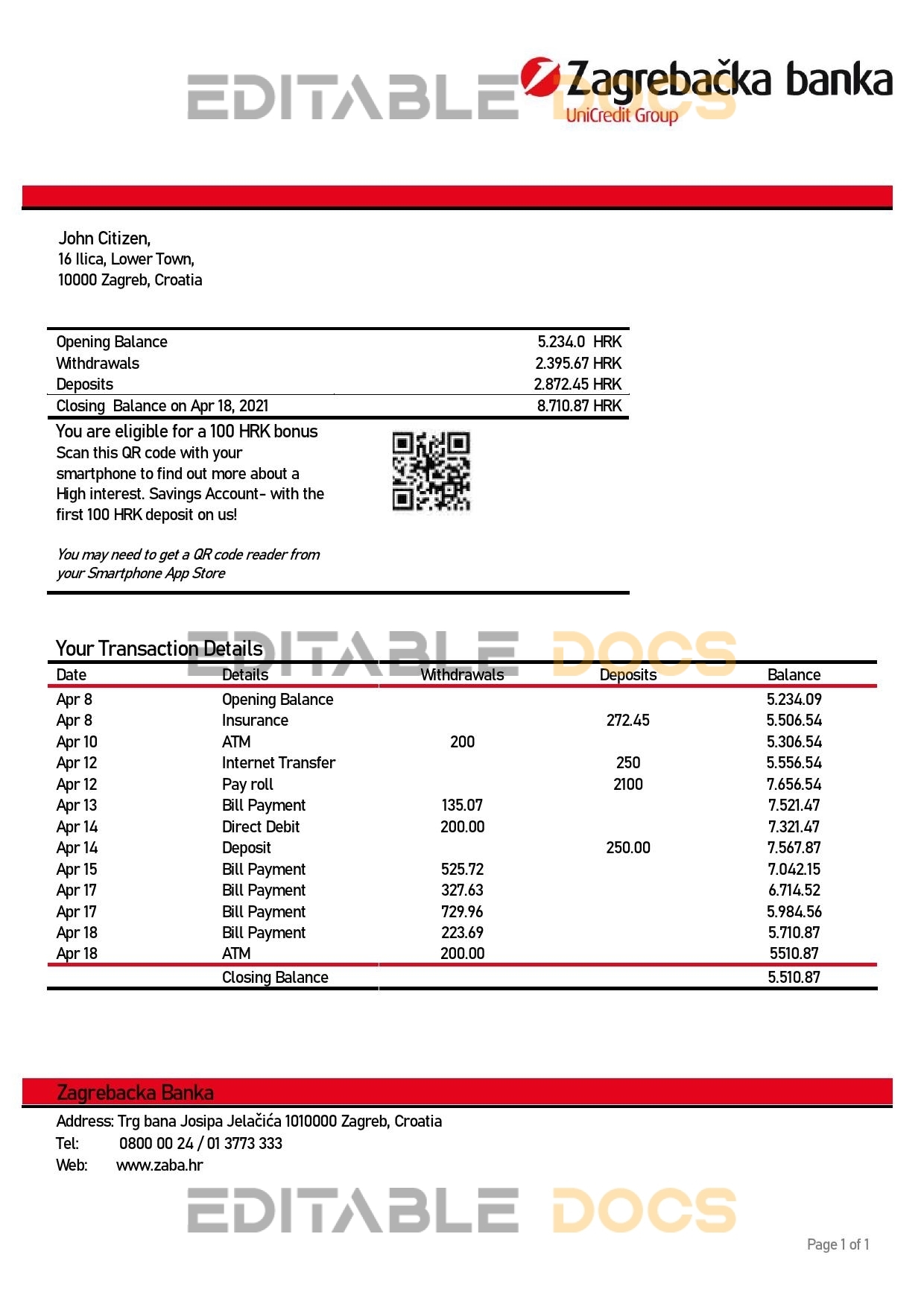 Croatia Zagrebačka bank statement template in Word and PDF format