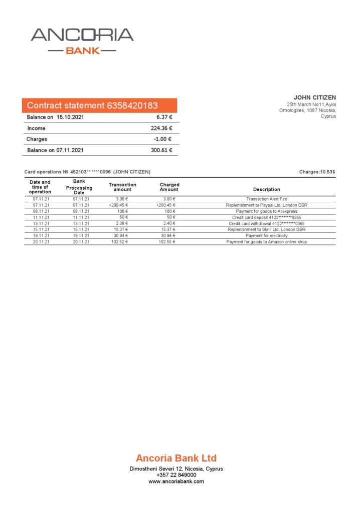 Cyprus Ancoria bank statement template in Word and PDF format