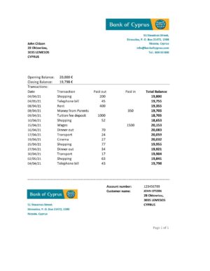 Cyprus Editable Templates 3 Cyprus Bank of Cyprus bank statement easy to fill template in .xls and .pdf file format