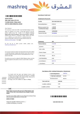 UAE Mashreq bank statement template in Word and PDF format, 4 pages
