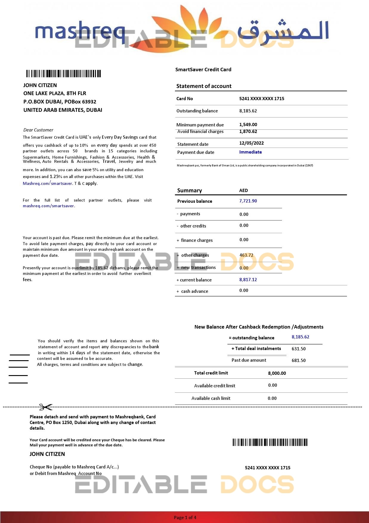 UAE Mashreq bank statement template in Word and PDF format, 4 pages