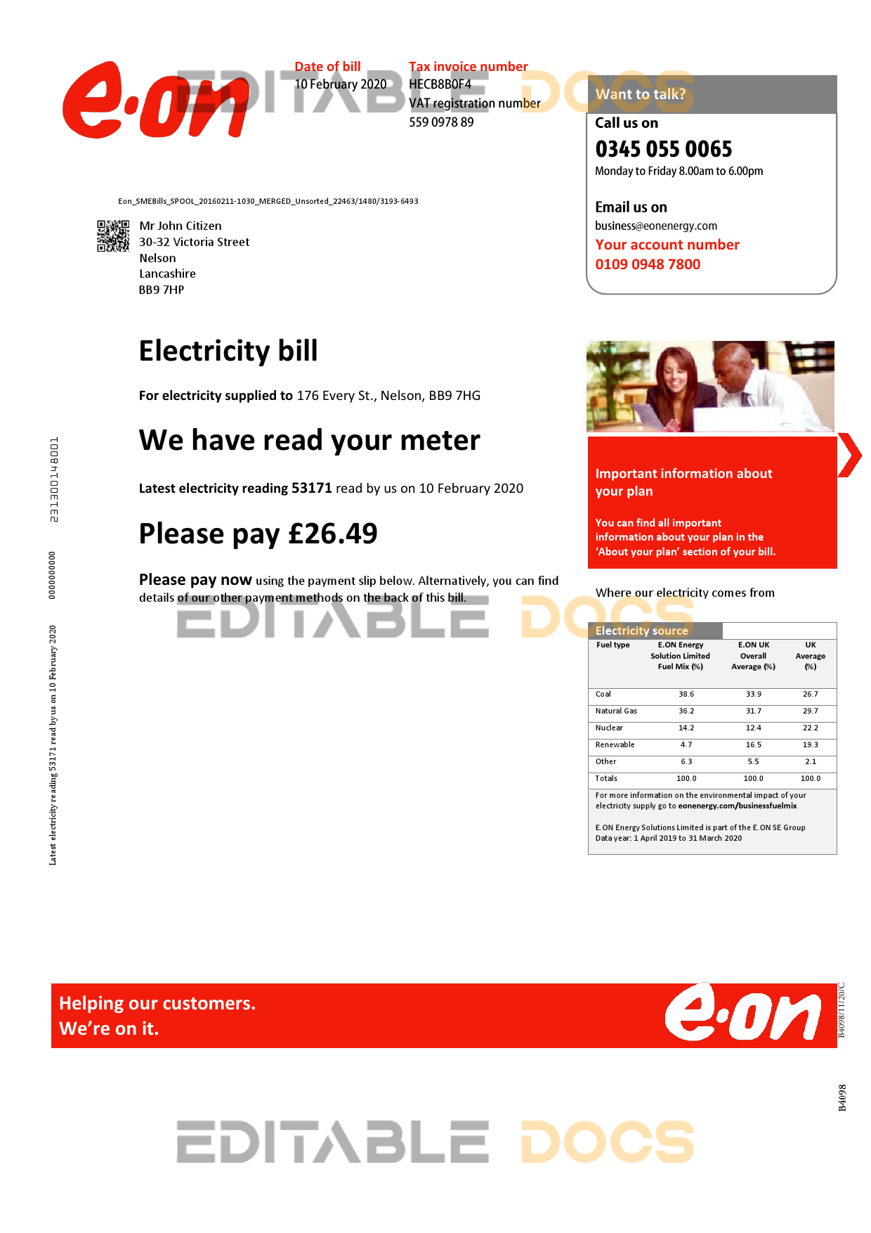 United Kingdom E.ON utility bill template in Word and PDF format, version 3