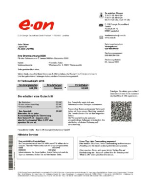Germany E.ON Energie electricity utility bill template in Word and PDF format