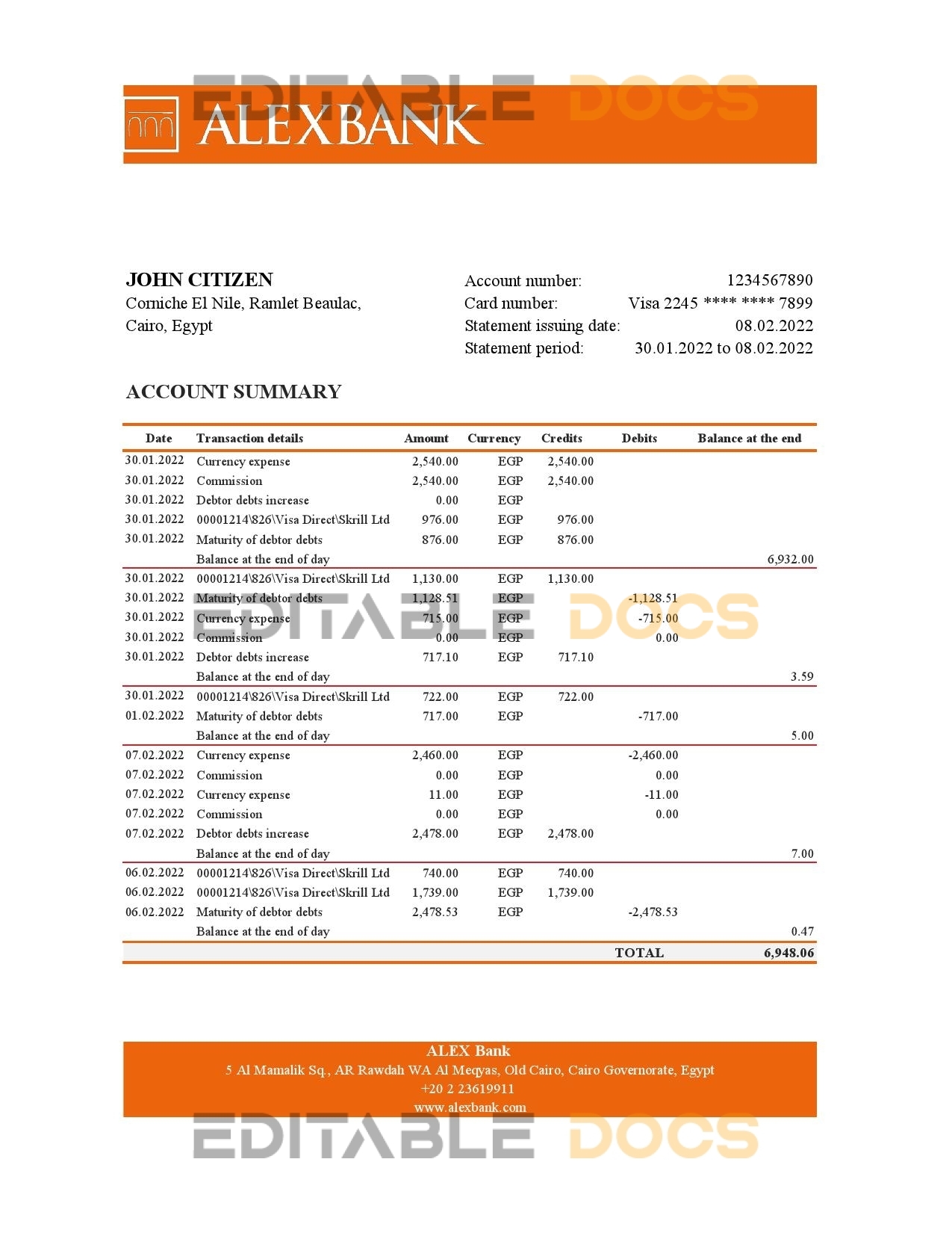 Egypt Alex bank statement Excel and PDF template