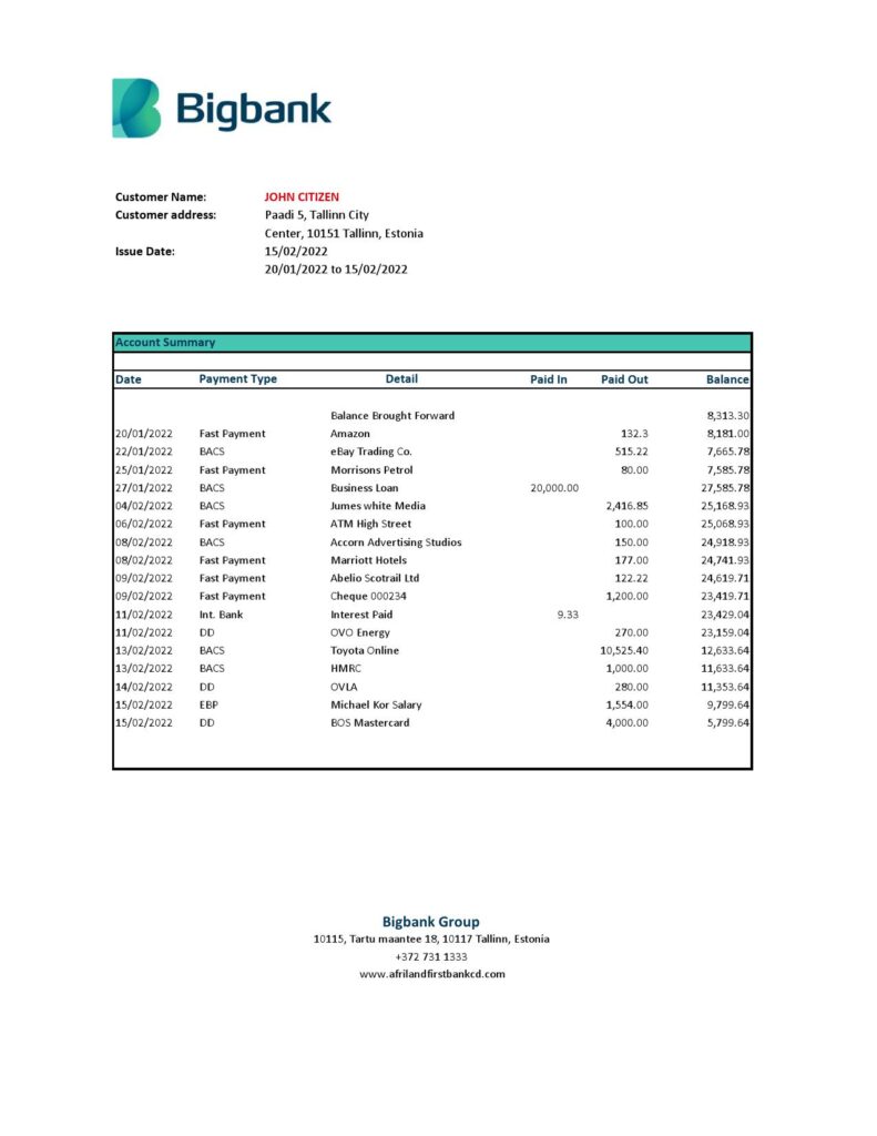 Estonia Bigbank bank statement Excel and PDF template