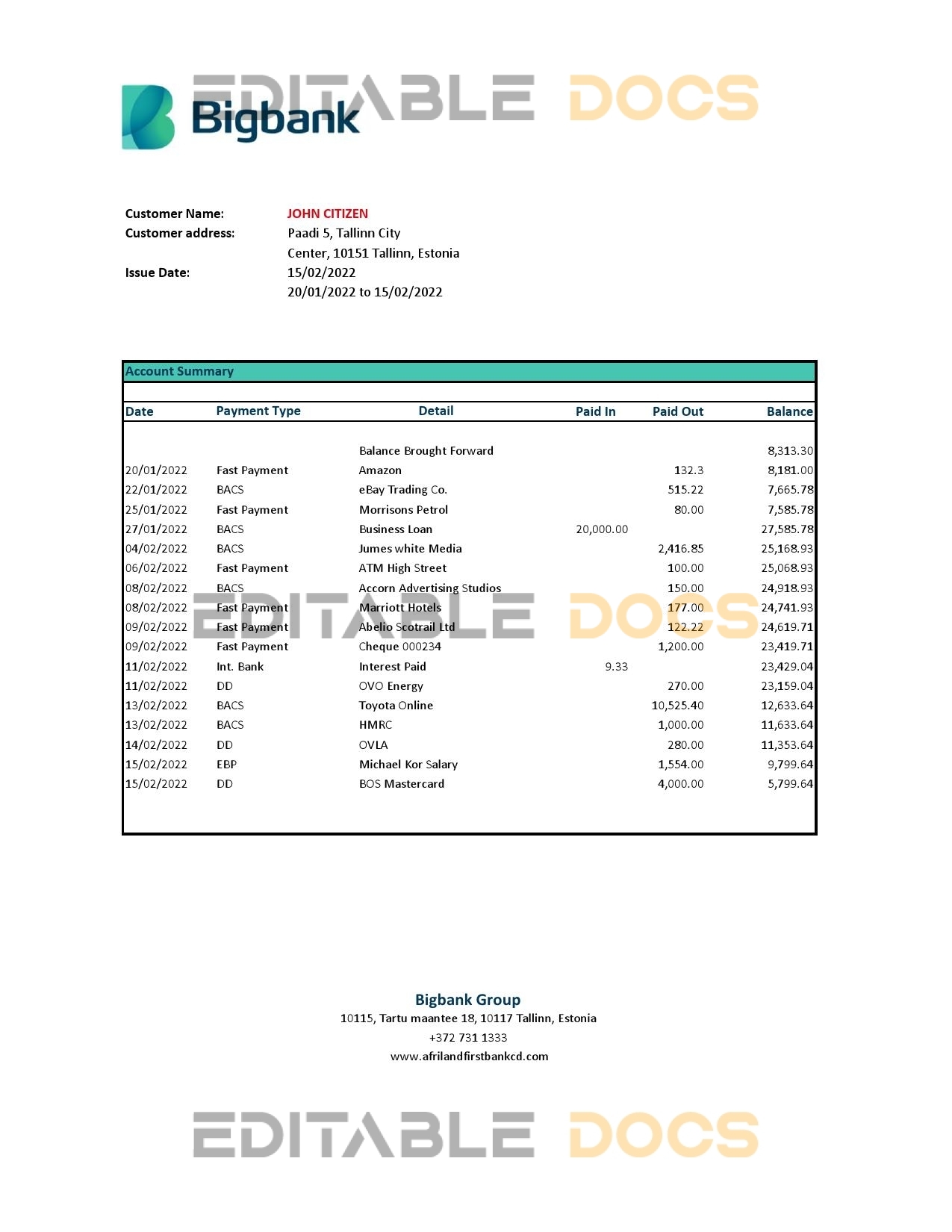 Estonia Bigbank bank statement Excel and PDF template