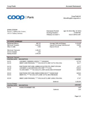 Estonia Coop Pank proof of address bank statement template in Word and PDF format